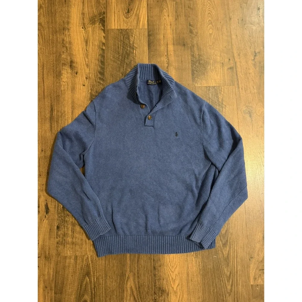 Polo Ralph Lauren Mock Neck Sweater Mens XL Blue 1/4 Button 100% Cotton Pullover
